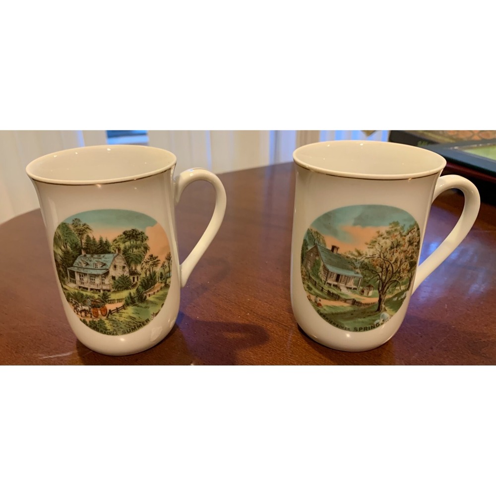 Currier & Ives 2 Porcelain Coffee Mug Cups Seasons Spring Summer Gold Rim